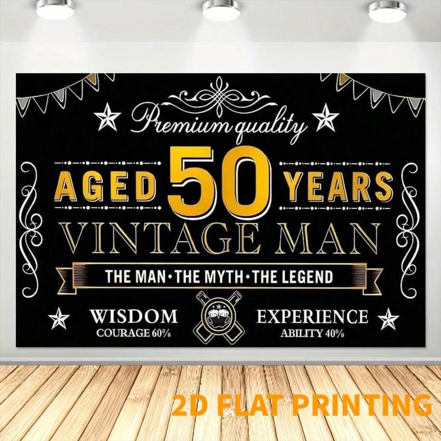 2D 1pc New Year Men's Happy 50th Birthday Banner Decor, Black & Gold Vintage 50 Years Old Birthday Backdrop Sign Party Supplies, 50th Birthday Party Photo Background Poster