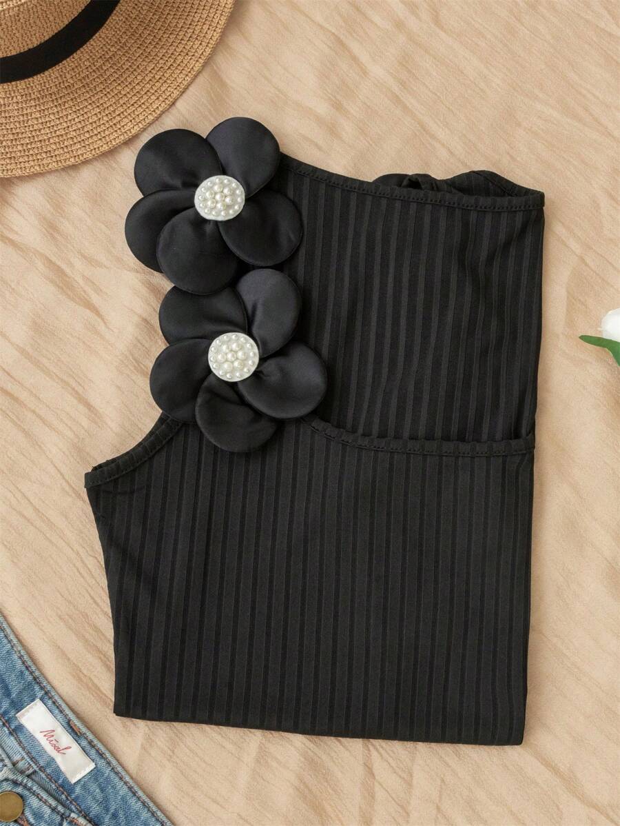 1PC Women Summer Outfits For Women Black Elegant Cute Casual Vest Round Neck Cami Top, 3D Flowers Pearl Design, Suitable For Daily Wear, Street, Commuting, Home, Office, Back To School, Dates, Beach Wearing Women Tank Tops & Camis