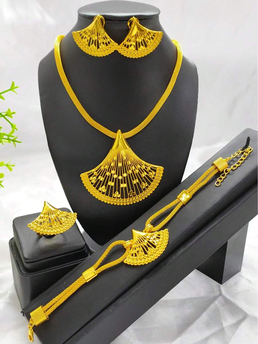 1 Set goldfarbener modischer Schmuck für Frauen, enthält 1 Halskette, 1 Paar Ohrringe, 1 Ring, 1 Armband, geeignet als Hochzeits-, Braut-, Party-, Muttertags- oder Abschlussgeschenk für Mutter, Freundin