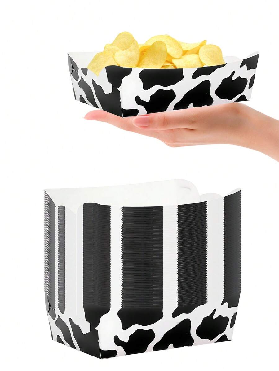 10pcs/20pcs/50pcs Cow Print Paper Food Trays Cow Plates Cow Print Snack Bowls Party Supplies Serving Tray Nacho Trays Food Boats Fresh Fries Boxes White And Black Paper Tray Cow Party Favors For Farm Them Birthday Babe Shower Decorations