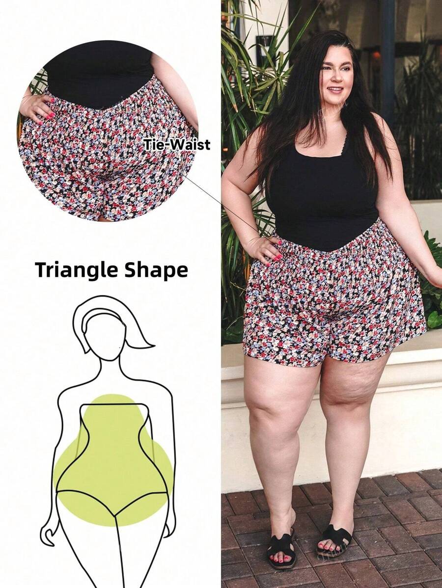 Truni Plus Size Boho Vacation Casual Short Ditsy Floral Tie-Waist Shorts, For Summer