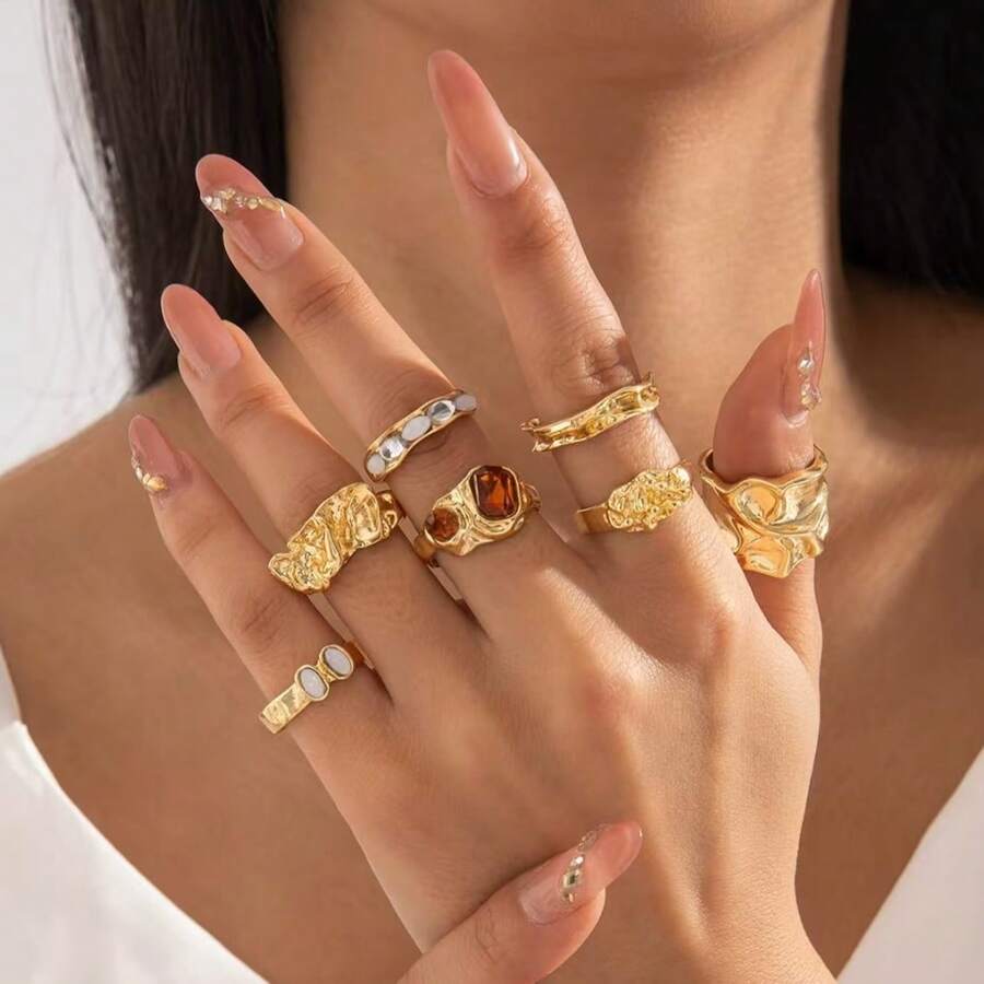 7 Peças/Conjunto Anéis de Liga Vintage Geométricos com Conjunto de Anéis Incrustados Assimétricos de Cristal