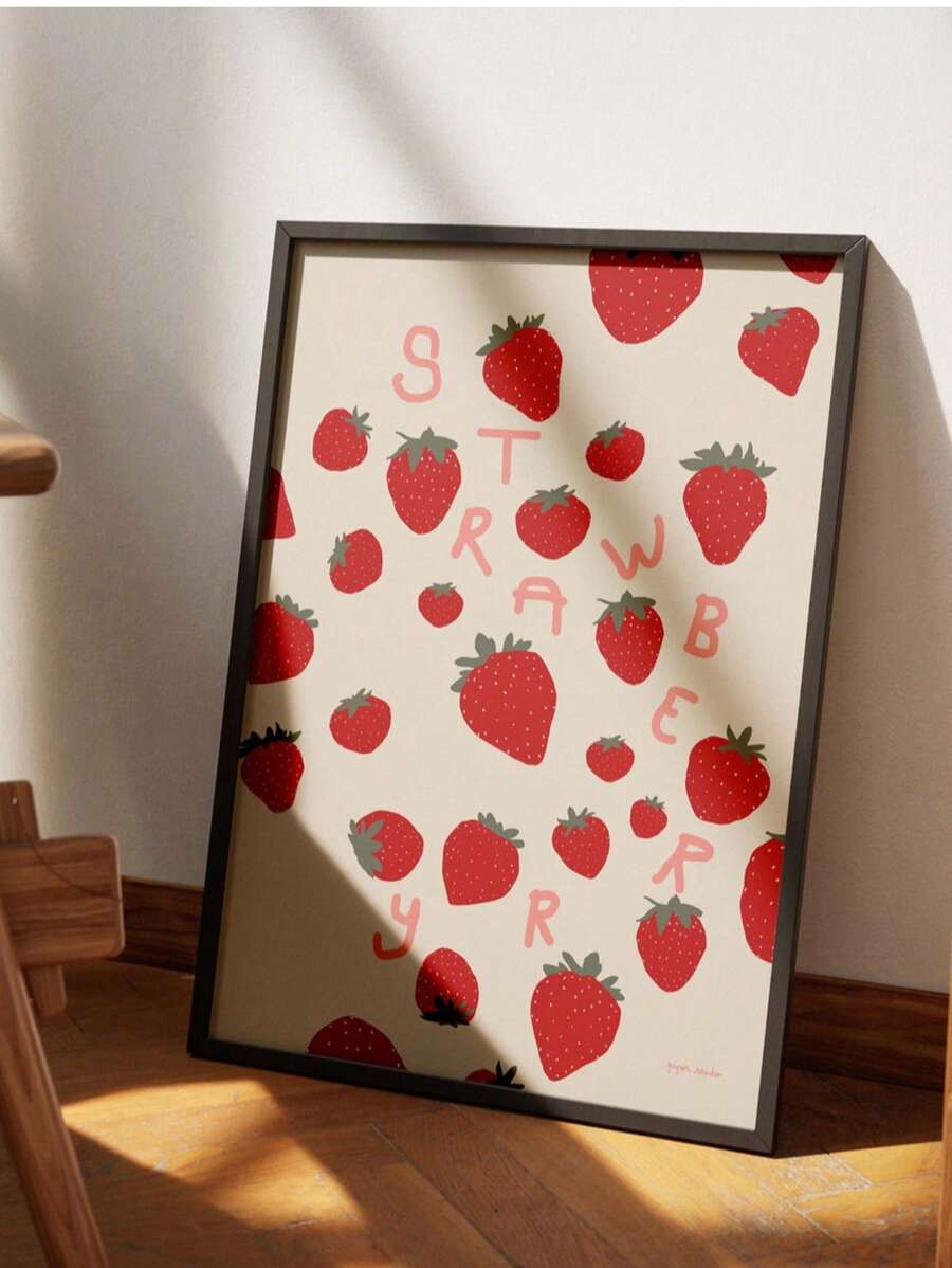 1pc Frameless Strawberry Print Wall Art Whimsical Fruit Illustration, Girls Room Decor With Personalized Aesthetic, Frameless Canvas Poster For Bedroom/Dorm/Living Room, Perfect Gift & Party Decoration (Botanical Prints, Funky Posters, Decor, Back To School Wall Decor)