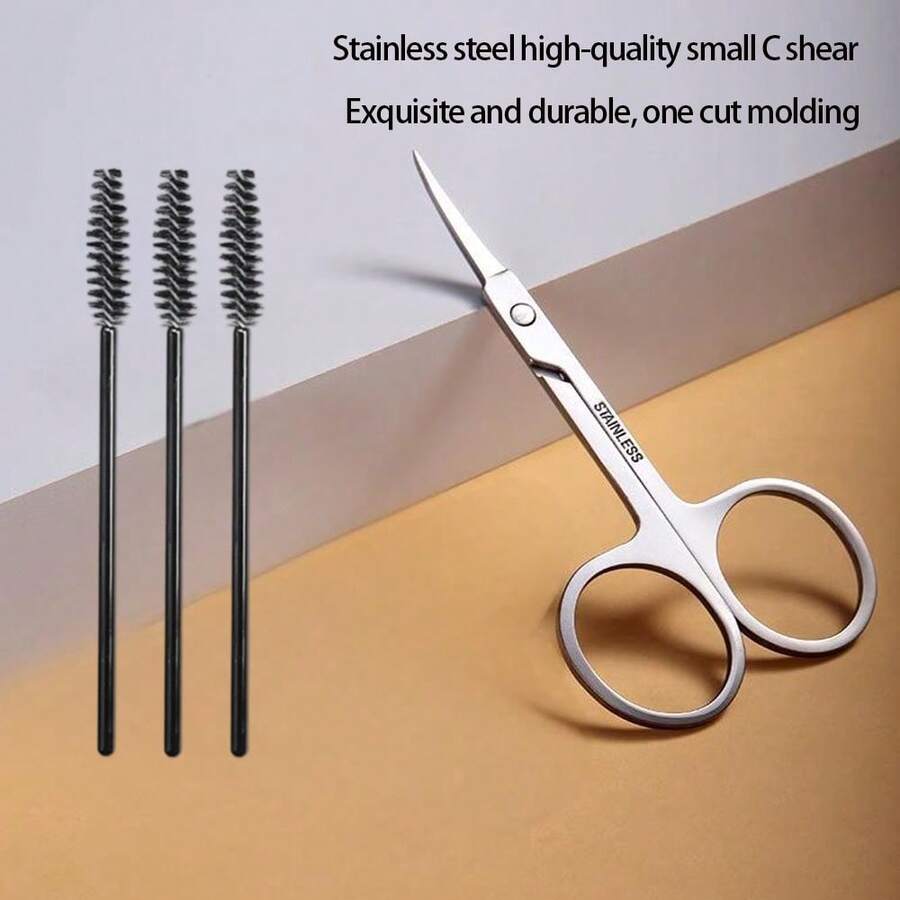 Eyebrow Scissors And Three Eyebrow Brushs,Nose Beard Trimming Scissors Eyelash With Curved Craft Stainless Steel Scissors