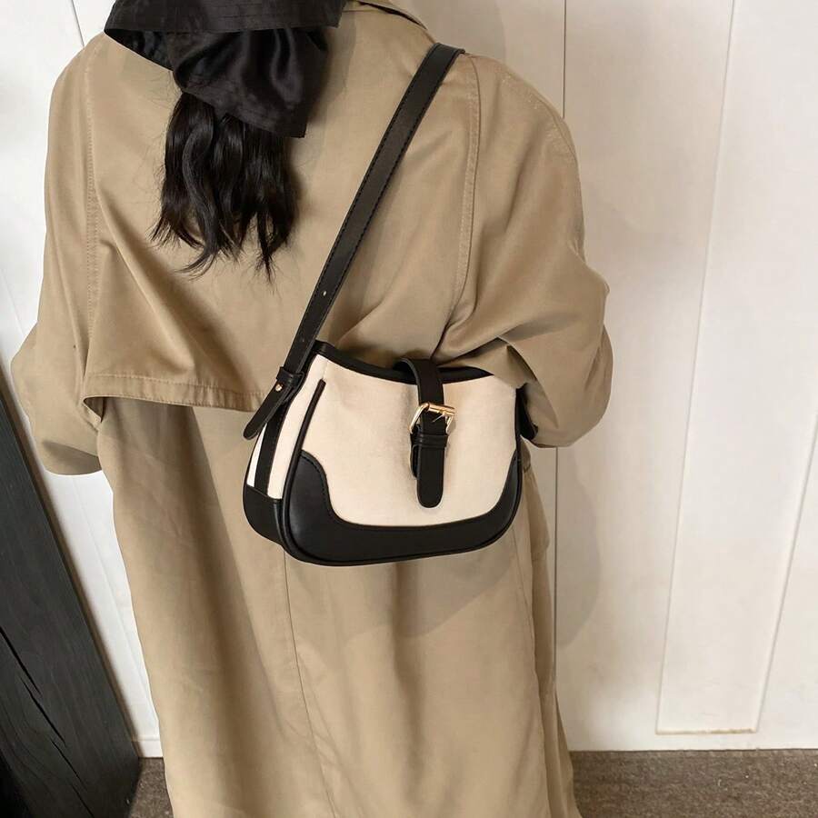 Fashionable Linen & Suede Contrast Color Elegant Shoulder Bag, Versatile For Casual Wear