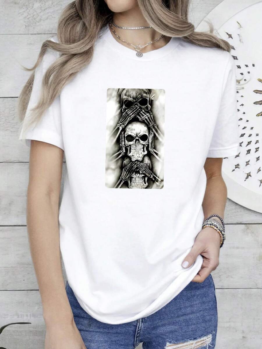 180g Pure Cotton Cool Skull Design See No Evil Hear No Evil Speak No Evil T-Shirt Size S-5XL Streetwear Soft For Women Stylish Designer Clothes Breathable Fashion Stretched Top For Everyday Wear Graphic Comfortable Print Round Neck Short Sleeve Versatile Summer Slightly Homme Casual Unisex