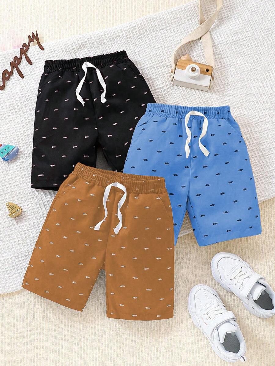3 buc pantaloni scurți versatili cu imprimeu Fishbone pentru băieți, potriviți pentru vară în aer liber, școală, zi de zi, timp liber, vacanță, petrecere