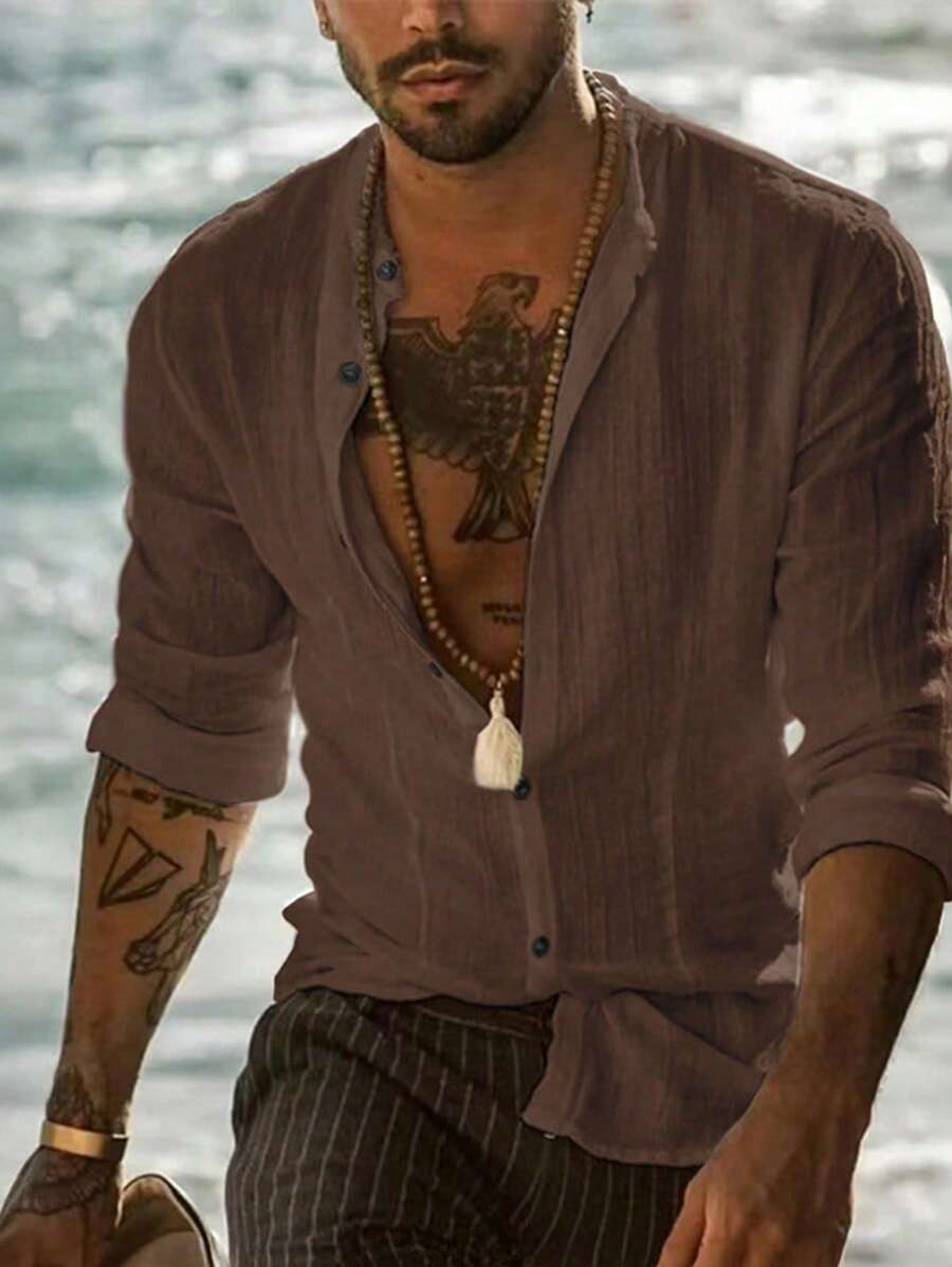 Camisa casual de manga larga, suave y holgada, con rayas y unicolor, para hombres primavera y verano 2025