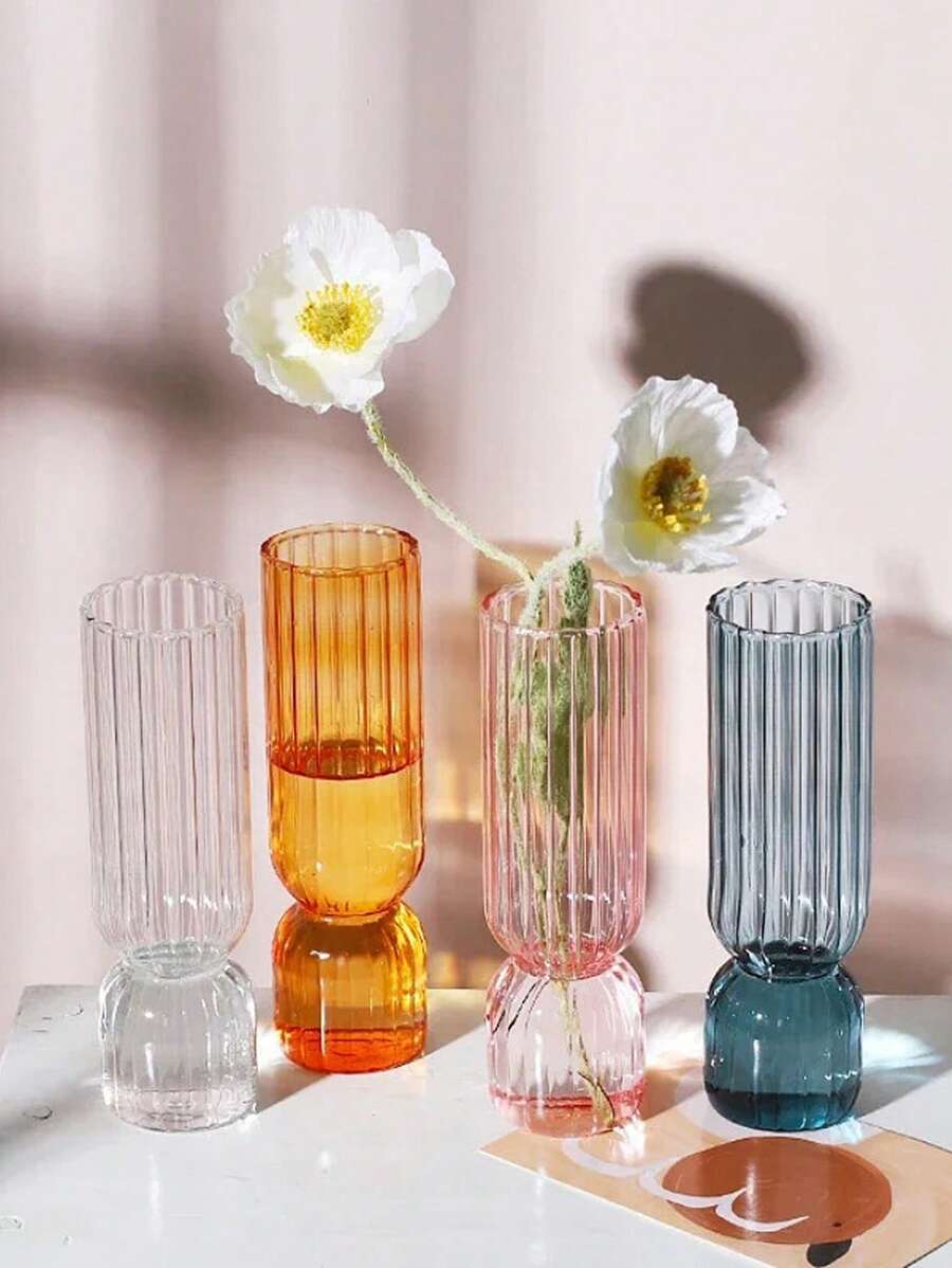 1pc Transparent Striped Glass Vase, Hydroponic Plant Pot, Wedding Party Flower Arrangement Container, Modern Minimalist Home & Office Desk Decor