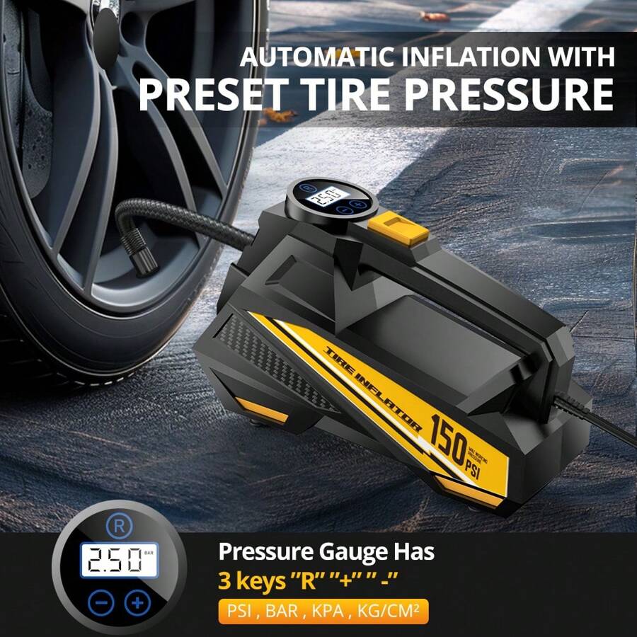 CARSUN Carsun Tire Inflator Portable Air Compressor Tire Air Pump For Car Tires - Car Accessories, 150PSI 12V DC Auto Pump With Digital Pressure Gauge, Emergency LED Light For Bicycle, Balloons, Car Stuff