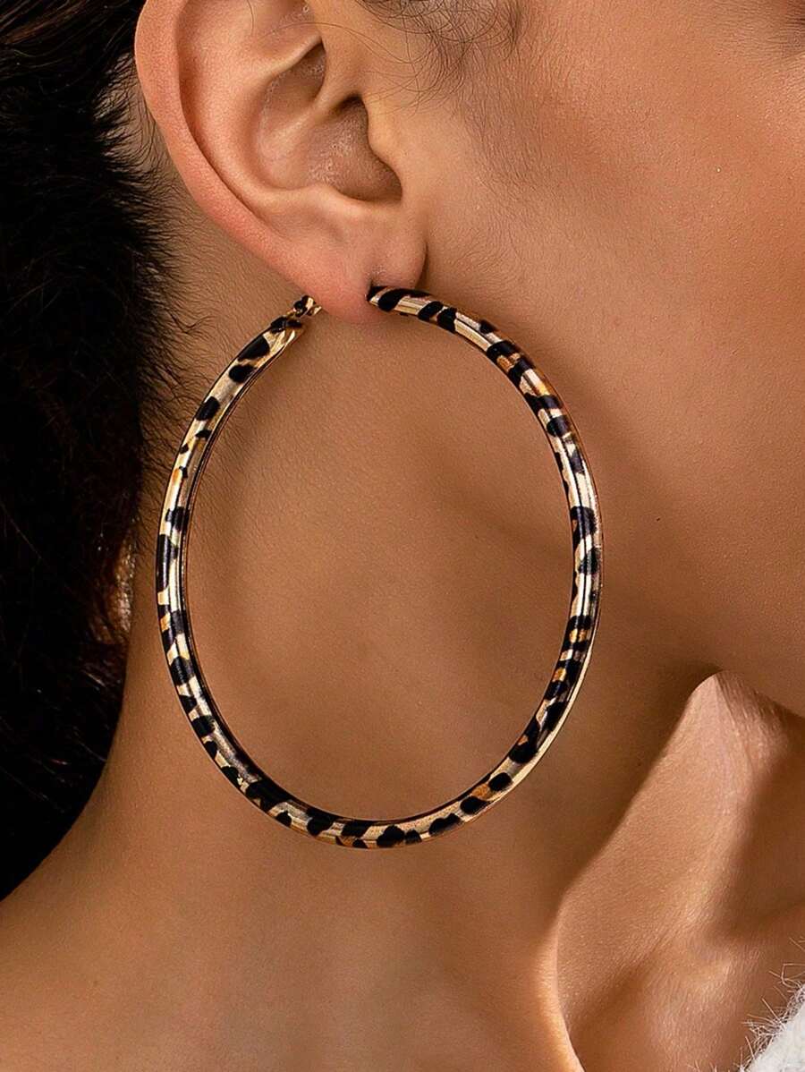 1 paire Nouvelles boucles d'oreilles créoles surdimensionnées avec imprimé géométrique léopard, boucles d'oreilles vintage haut de gamme