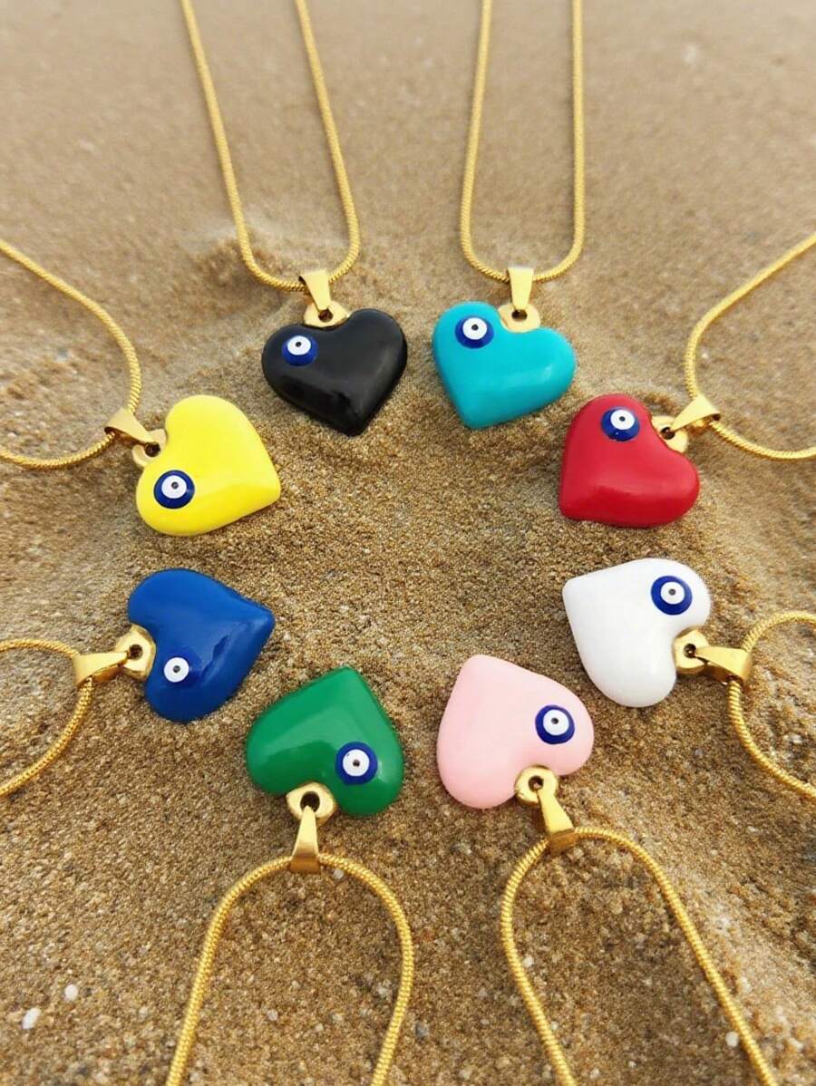 1pc Fashion Versatile Titanium Steel Heart & Evil Eye Pendant Necklace, Unique Personalized Choker Necklace