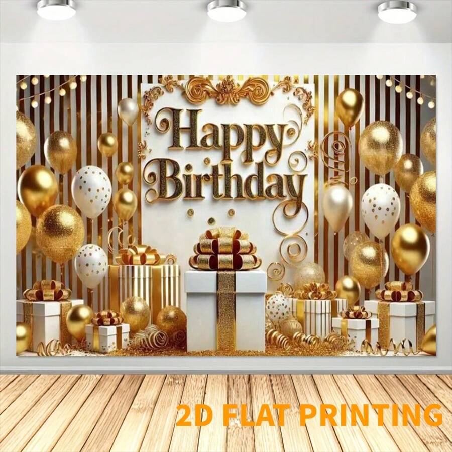 2D Happy Birthday Banner - Golden And White Balloon Design, Polyester Party Decoration, And Photography Props