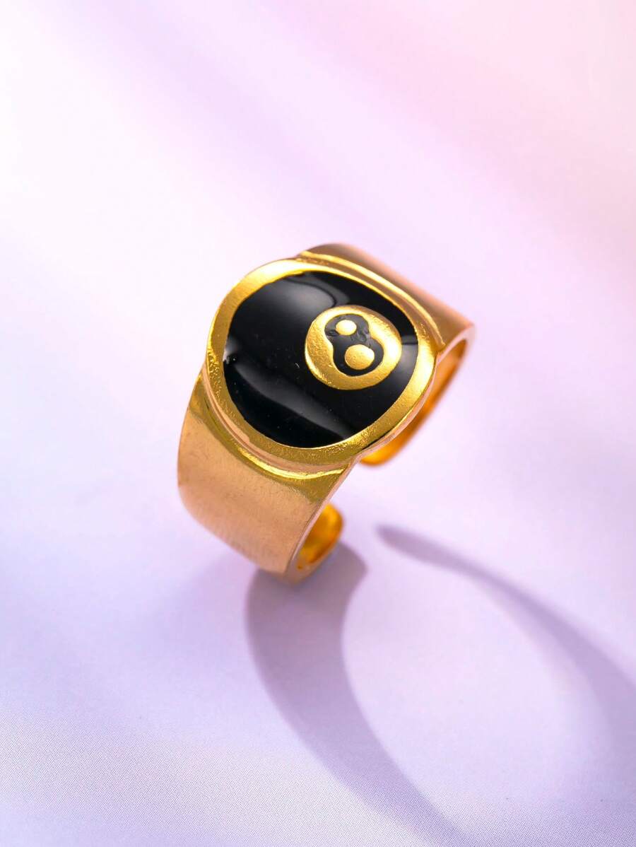 1pc Punk Style Billiard Number Black 8 Opening Adjustable Rings Metal Alloy Rings Fashion Hip Hop Rock Jewelry For Women And Men