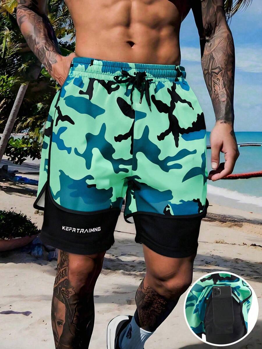 WASSUP OTHER Pantalones cortos informales de camuflaje con cordón en la cintura para hombres, aptos para vacaciones, playa o entrenamiento deportivo