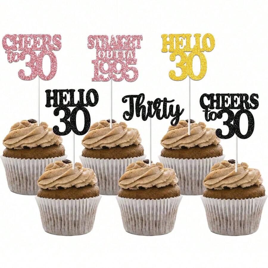 12pcs Happy Birthday Cupcake Toppers, Black Glitter Cake Decoration For 18th, 21st, 30th, 40th, 50th, 60th, 70th Birthday, Anniversary Party Supplies, Available In Black, Gold, Rose Gold