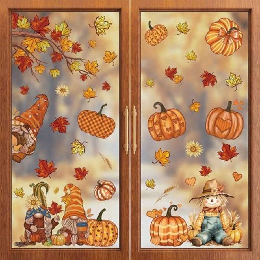 ZAWE 9 Sheets Fall Window Clings Gnomes Scarecrow Pumpkins Maple Leaves DoubleSided Window Decals Stickers For Autumn Thanksgiving Party Home Classroom Office Decorations