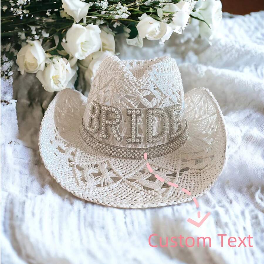 Customized Pearl Rhinestone White Straw Cowgirl Hat | Bridal Gifts | Nashville Bachelorette Party | Beachy