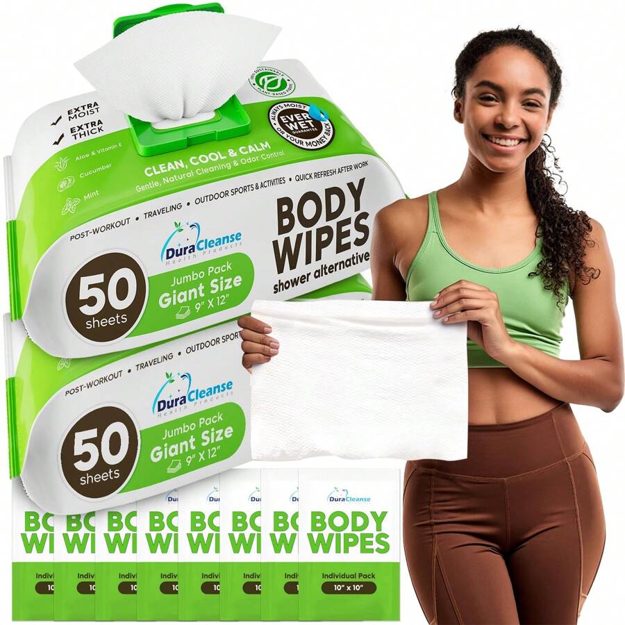 Body Wipes For Women, Extra Moist No Rinse Cleaning Bathing Wipes (2pk), 100 XL Shower Wipes + 8 Deodorizing Bath Wipes - 9"X12" Travel Size Essentials, Toiletries For Women Hygiene, After Gym Wipes,9085799