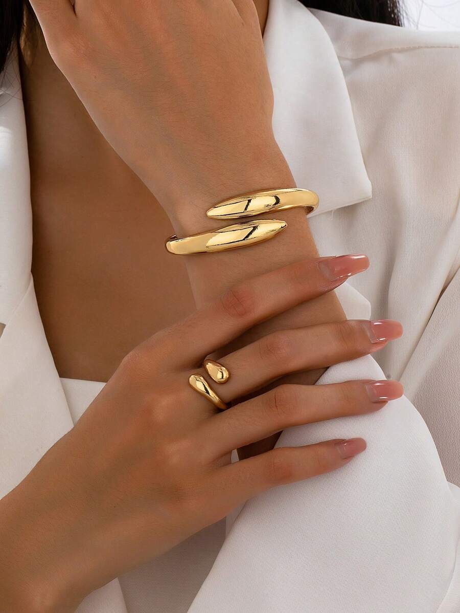 Conjunto de joias vintage com pulseira e anel aberto em formato de lágrima, estilo europeu e americano, acessórios de moda simples e elegantes, adequados para uso diário