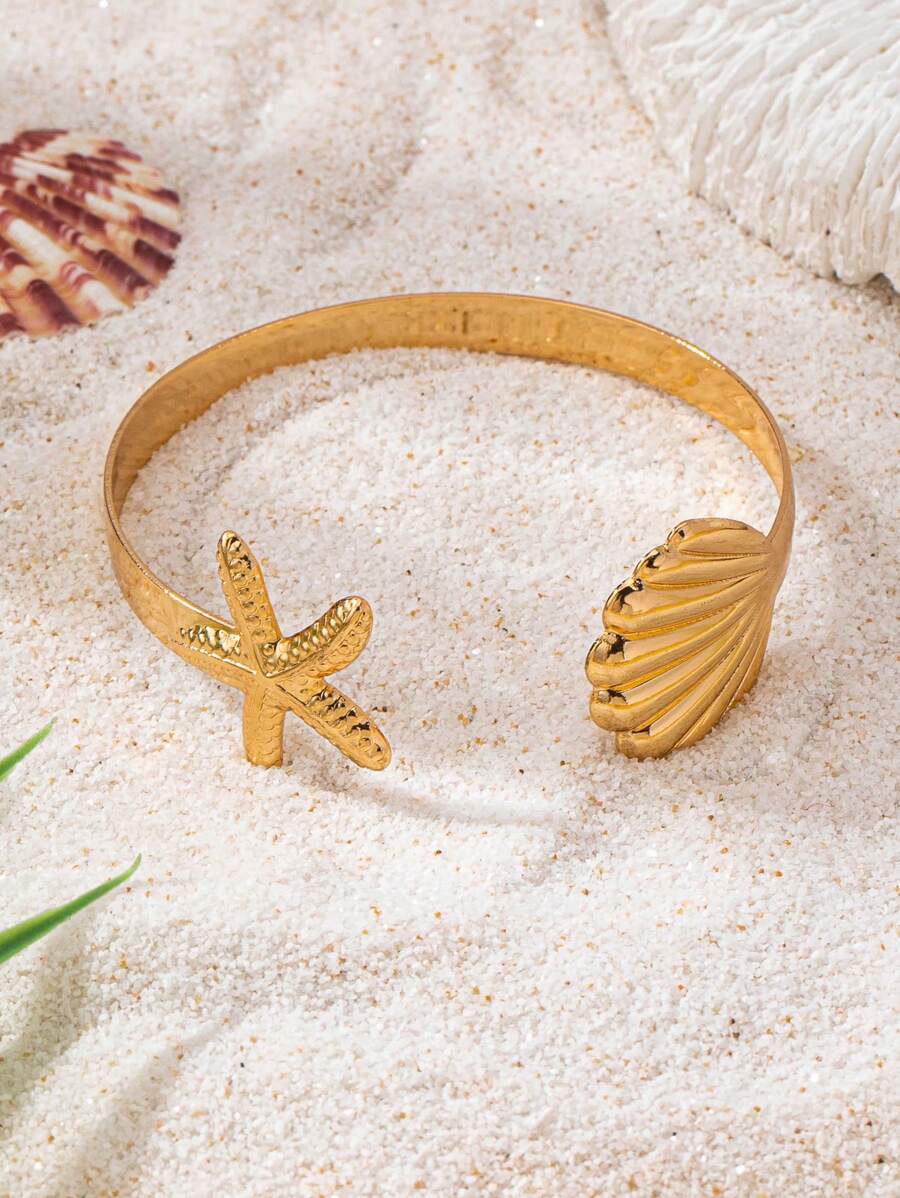 1 pieza Brazalete de acero inoxidable con estrella de mar y concha, elementos marítimos de ultramar, estilo de vacaciones en la playa, apto para uso diario de mujeres