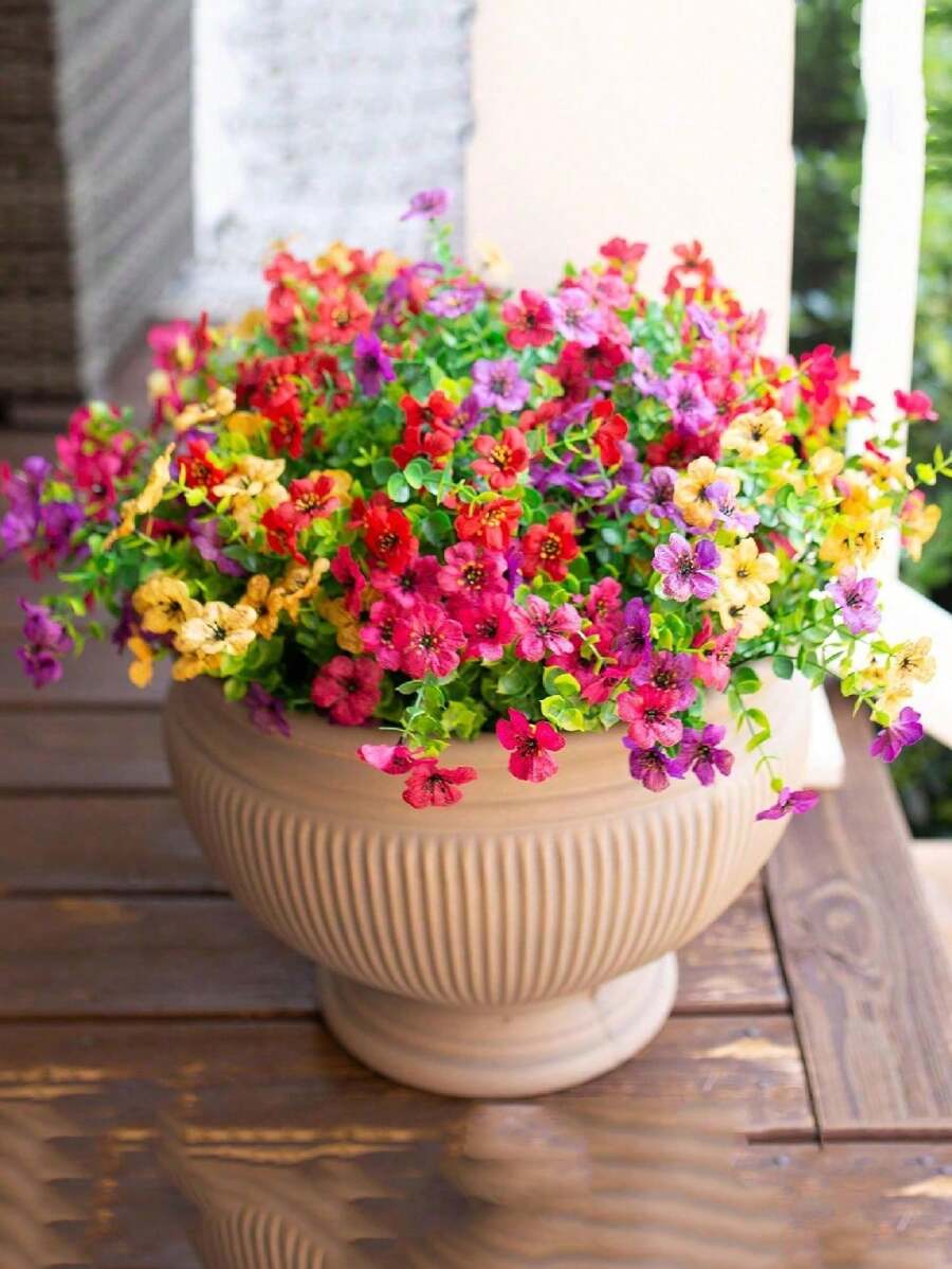 5pcs/3pcs/1pc Artificial Faux Plants Flowers Outdoor Spring Summer Decoration, Fake Silk Colorful Daisy Eucalyptus Realistic UV Resistant For Outside Home Planter Porch Patio Window Yard Decor,Outdoor Decor,Garden Decor (Mix)