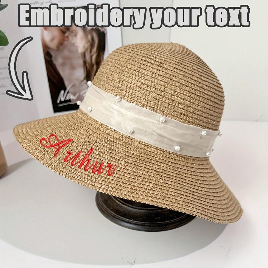 One Straw Hat That Can Be Customized With Embroidered Names Or Text. It Is Suitable For Wearing During Summer Outings And Is A Beach Hat For Women.