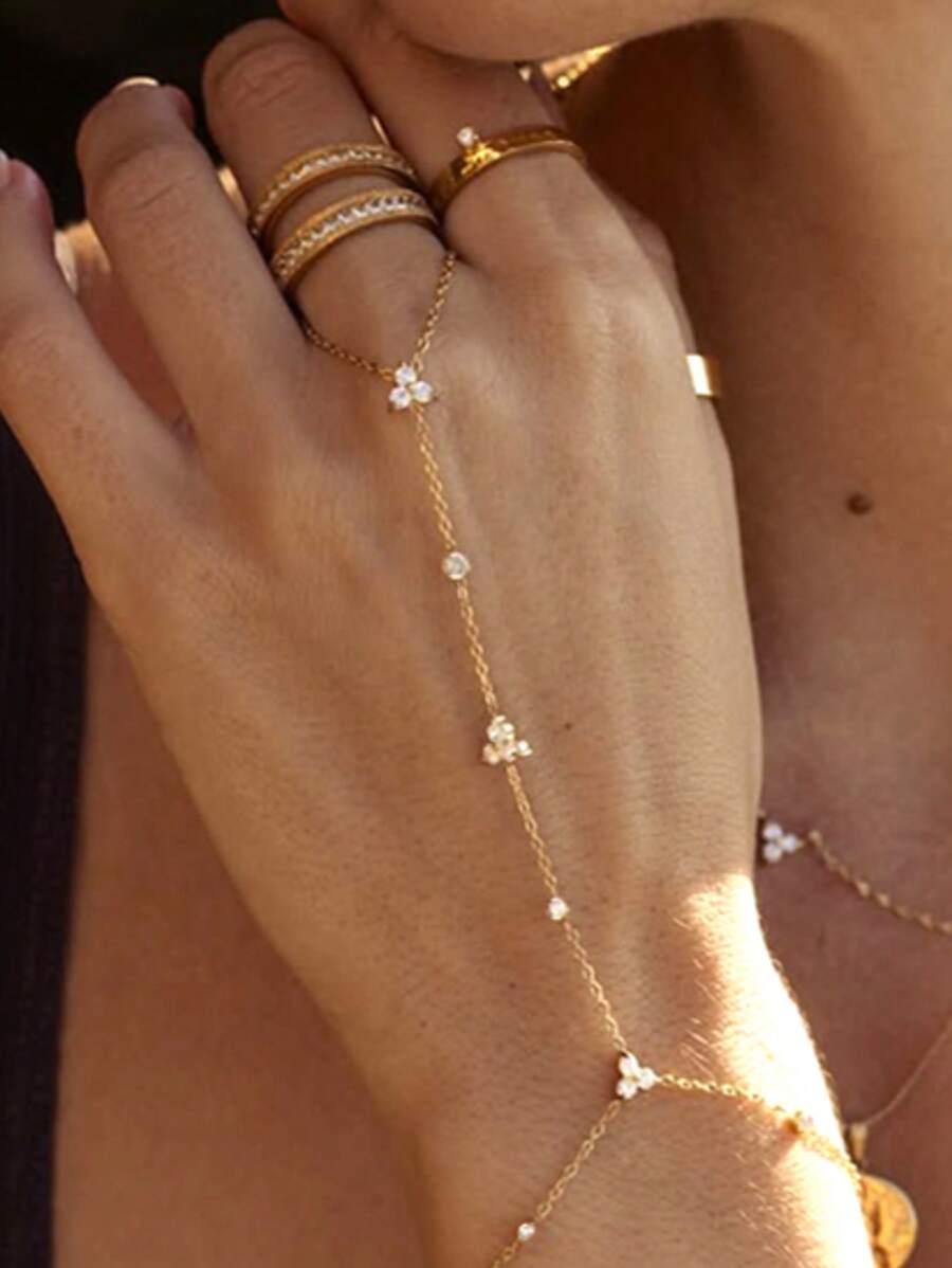 1pc Copper Zirconia Crystal Flower Ring Linked Finger Chain Hand Harness, Elegant For Daily Wear, Party, Wedding