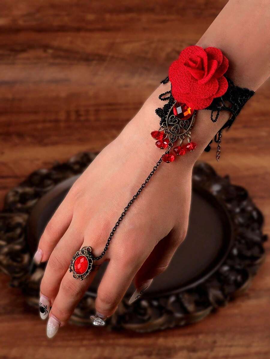 1 Stück Damen Gothic Dunkel Stil Halloween Europäisch und Amerikanisch Retro Spitze Rote Rose Finger Armband