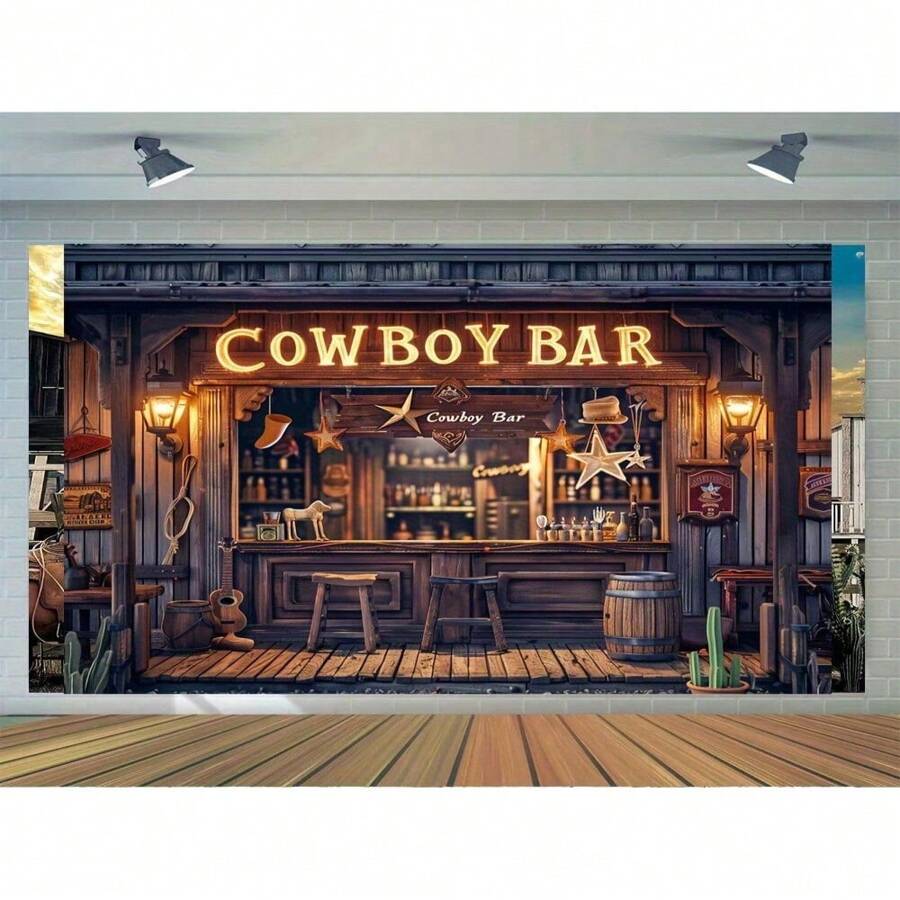 Vintage Western Bar Background Banner Homer Themed Party Decoration, Including Wooden Bar, Wheel Bucket, And Stool - The Perfect Choice For Autumn And Winter Events