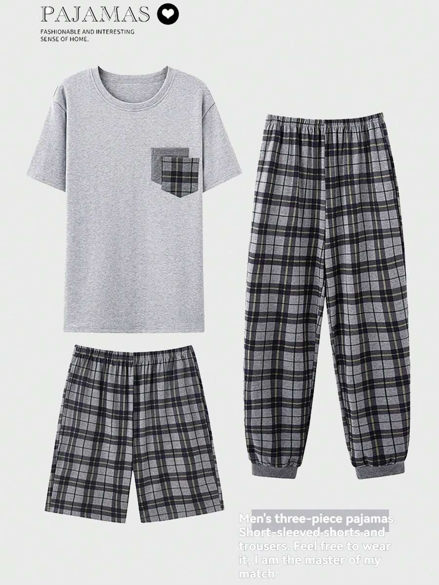 AICJ Set de 3 piezas de pijama para hombre, disponible para primavera y verano, incluye camiseta de manga corta con bolsillo delantero, pantalones cortos a cuadros clásicos y pantalones, ropa de casa casual y cómoda