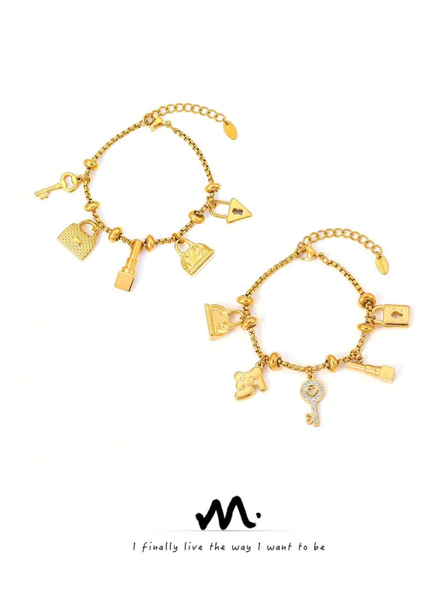 MiDuoDuo 1 Peça Pulseira Vintage Ajustável de Aço Titânio Banhada a Ouro 18K com Pingente de Strass, Joia Estilo Europeu e Americano Ins para Mulheres