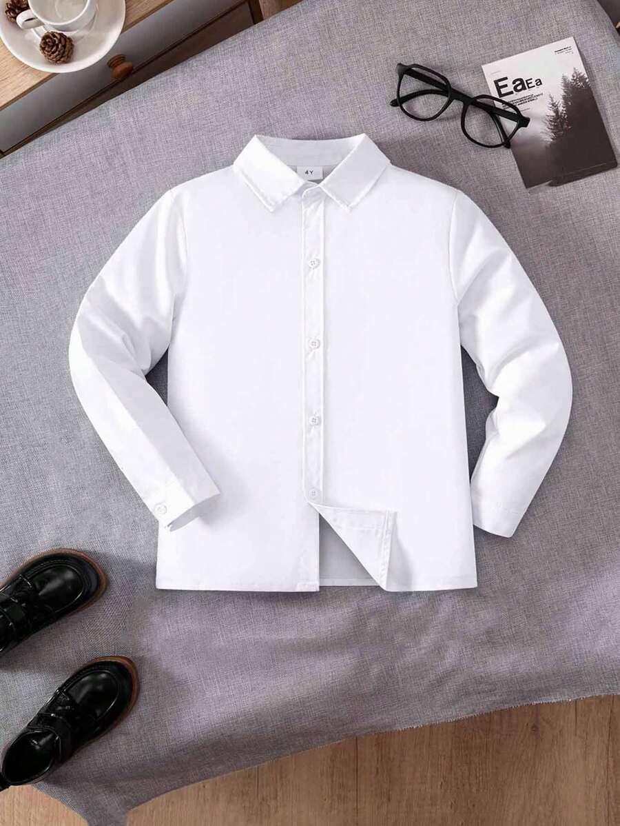 Camisa formal blanca con estilo clásico universitario para niño joven con estampado floral en el bolsillo, parches de tela empalmados y manga larga para ocasiones casuales o de fiesta