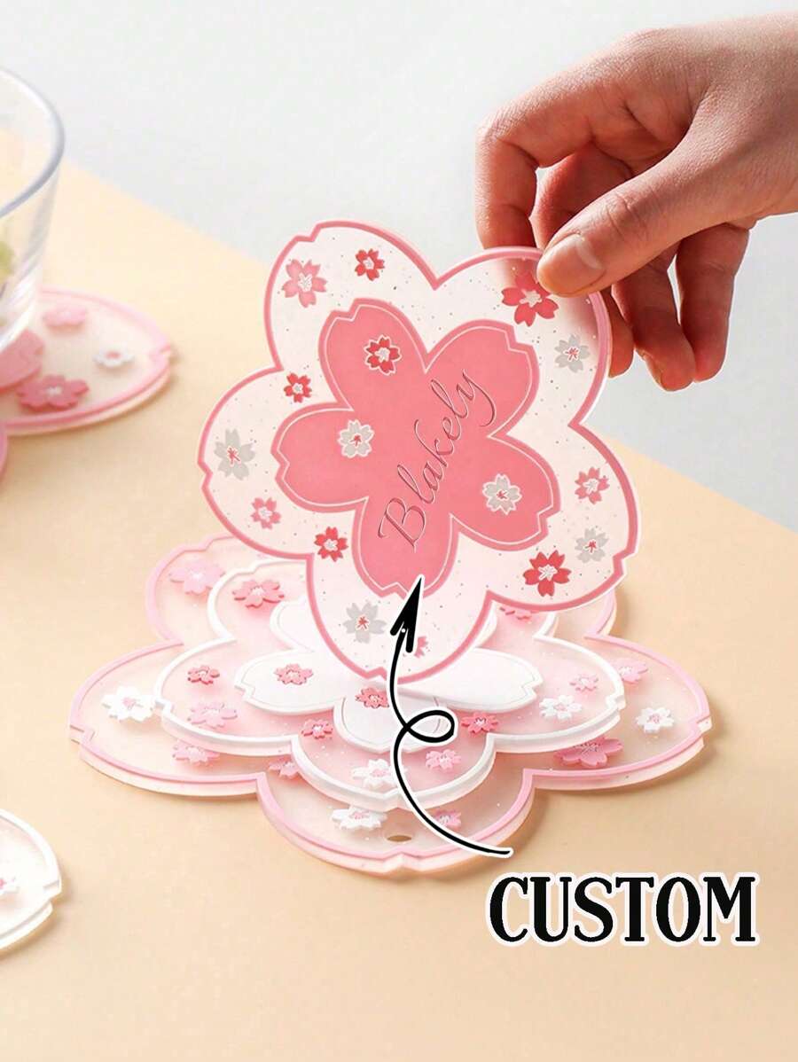 1PC Personalized Cherry Blossom Desk Mat And Coaster Set, Flower Shaped Silicone Cup Coaster, Insulation Pad –Custom Text Table Decor, Heat-Resistant Mug Pad For Home Or Office, Back To School Gift For Her