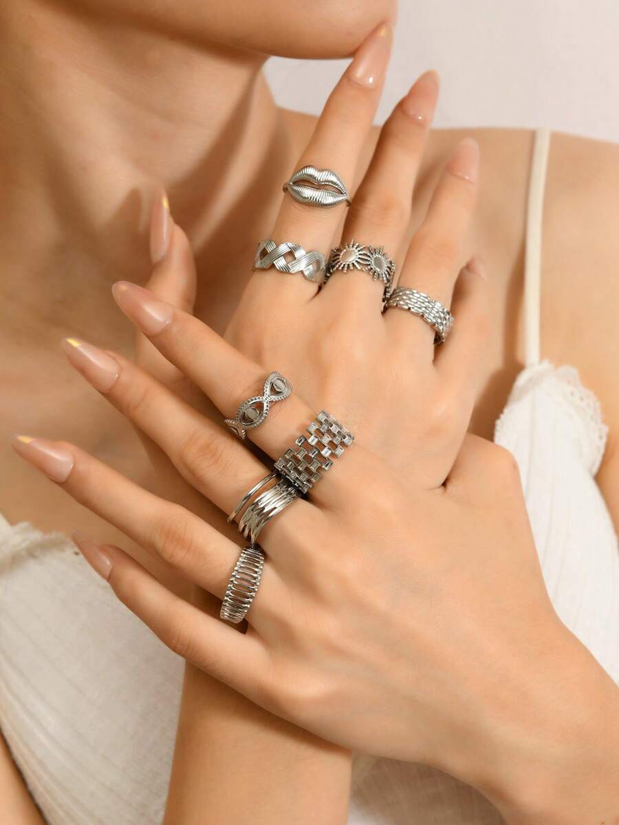 Set de 8 inele decorative din oțel inoxidabil cu cruce goală, accesorii de bijuterii la modă potrivite pentru femei și bărbați, cadou de zi cu zi, festival, întâlnire, logodnă, nuntă, sărbători