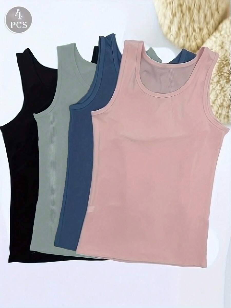 4pcs Affordable Women's Summer Ice Silk Basic Camisole, Anti-Glare, Breathable, Girls' Underwear, Spaghetti Strap, Ribbed Vest, Slim Fit, Outerwear/Innerwear Sleeveless Top