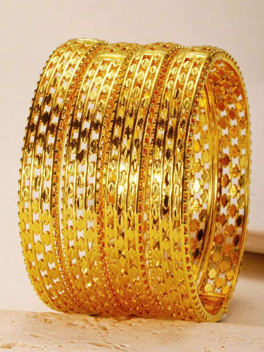 4pcs Luxury 24K Gold Hollow Pattern Women Bracelet, Suitable For Bride, Wedding, Daily Gathering