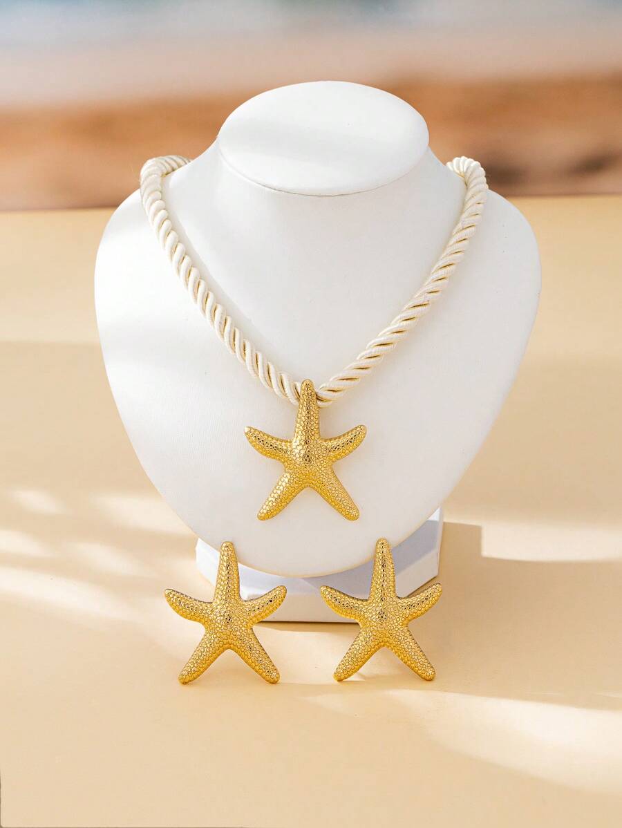 1 Set Fashion Stylish Exaggerated Geometric Starfish Earring & Pendant Jewelry Set For Women, Suitable For Everyday & Commuting