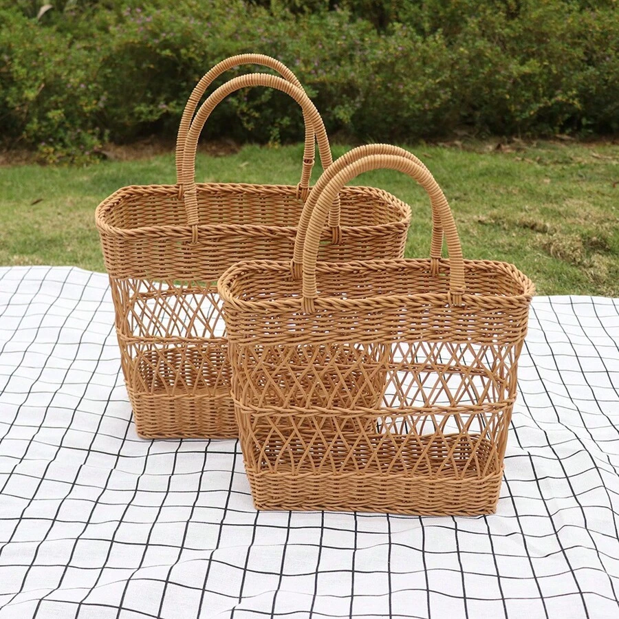 1pc Picnic Fruit Storage Basket With Handles,Durable Imitation Rattan Storage Basket For Fruits,Vegetable,Drinks,Camping Portable Picnic Basket,Household Storage Organizer For Kitchen,Home Decor