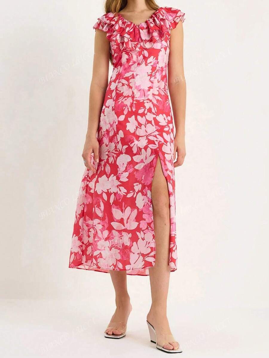 BIANCO LUCCI Zomer Boho Allover Bloemenprint V-hals Ruffle Trim Split Dij Jurk