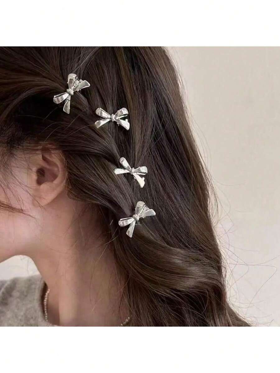 4 Peças Conjunto Vintage Fofo de Presilhas de Cabelo Pequenas com Laço Dourado/Prateado, Acessórios de Penteado Doces Y2K Girly para Franja e Lateral, Adequado para Uso Diário, Eventos de Feriados, Festa de Aniversário, Decoração de Fantasia