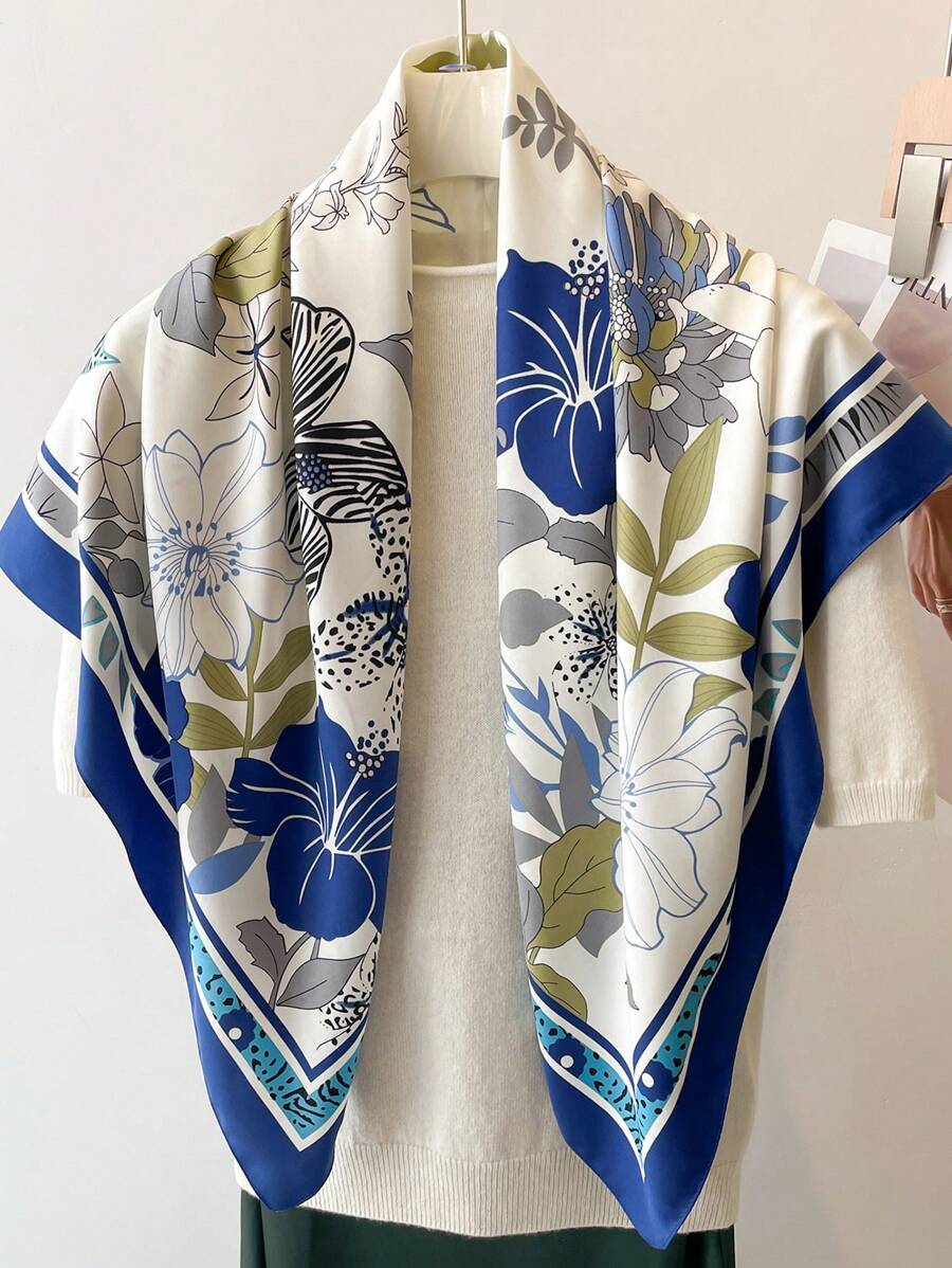 1pc Women's Elegant Vintage Printed Thin Style Satin Square Faux Silk Scarf,Boho Vintage Casual Women's Neck Scarf,Shawl,Light And Thin Comfortable Women's Bandana,For Daily Wear And Outing In Spring And Summer