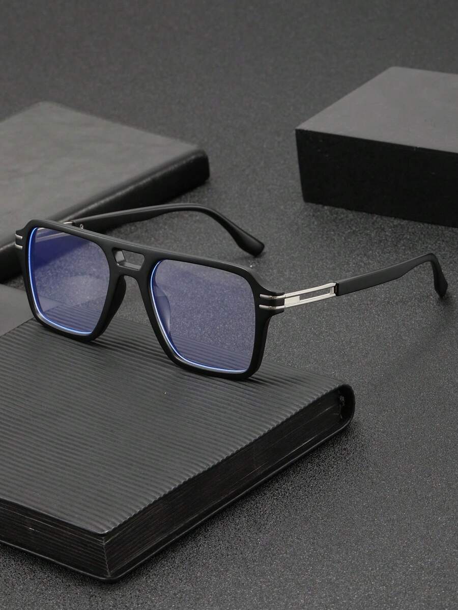 1 Pair Men's Square Frame Double Bridge Stylish Retro Fashion Personalized Flat Glasses, Suitable For Computer Office, Decoration, Daily Outfit