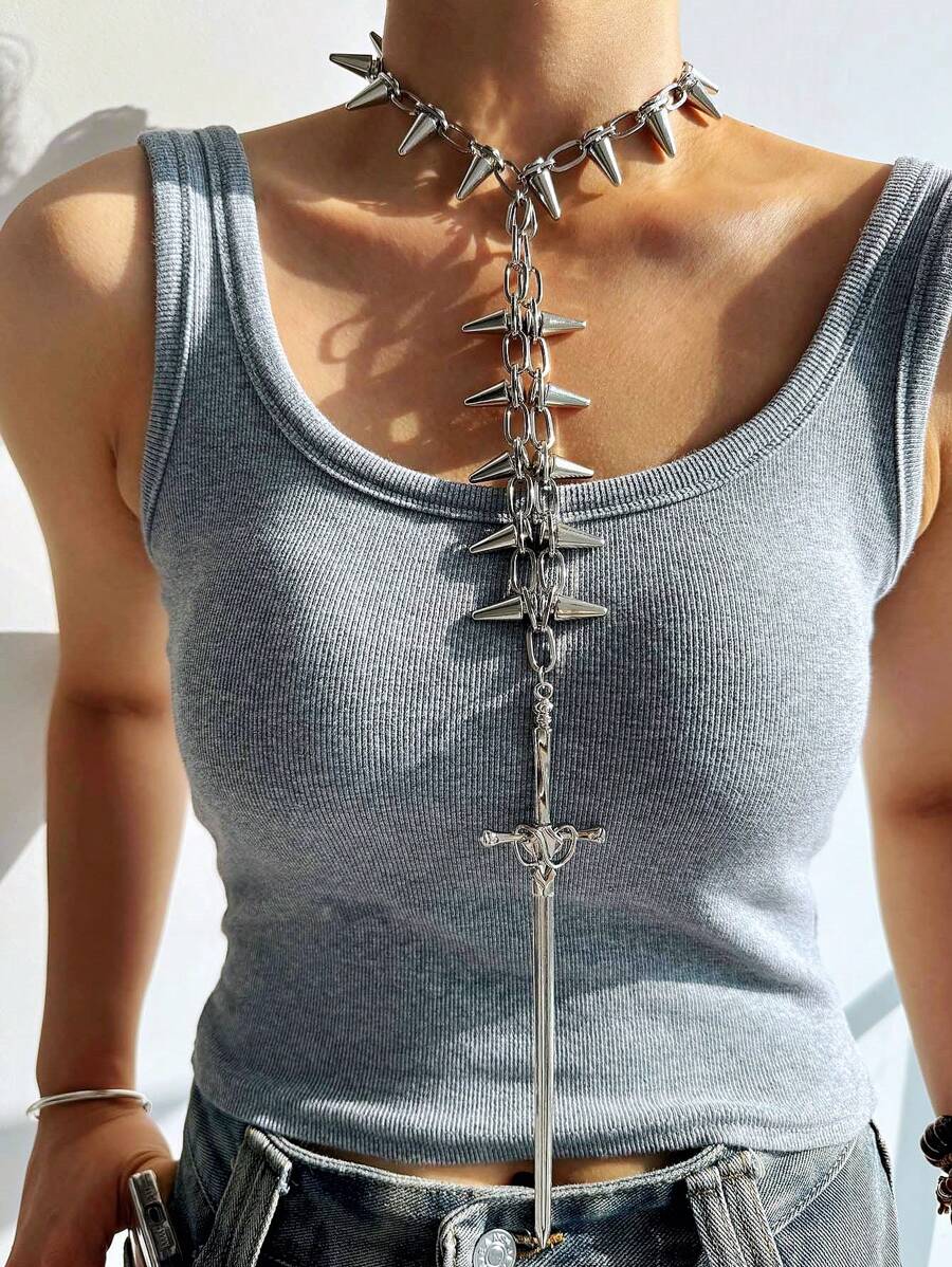 1 Peça Colar Longo Feminino com Pingente de Espada Revestida de Estilo Punk Fashion, Colar de Espinha, Adequado para Streetwear e Uso Casual