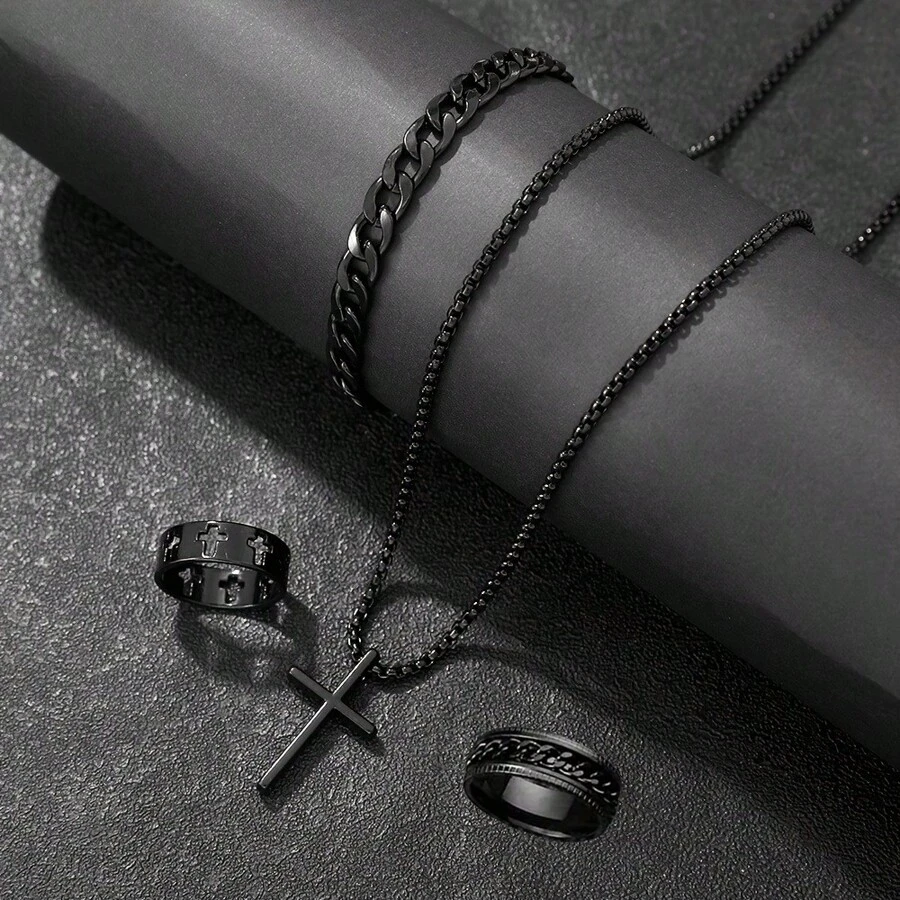 4pcs Hip-Hop Fashion Men'S Jewelry Set, Black Cross Necklace, Bracelet And Ring, The Best Jewelry For Gift Giving Christmas New Year Valentine's Day Holiday Gift