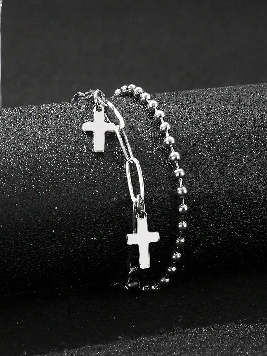 1 pezzo Collana con catena di perline in acciaio inossidabile con croce e pentagramma, mini-maschile e versatile doppio strato per uomo