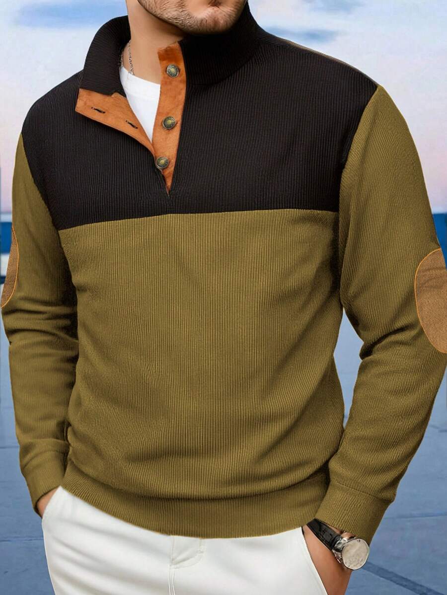 Men's Color Block Corduroy Casual Half Open Chest Long Sleeve Polo Shirt