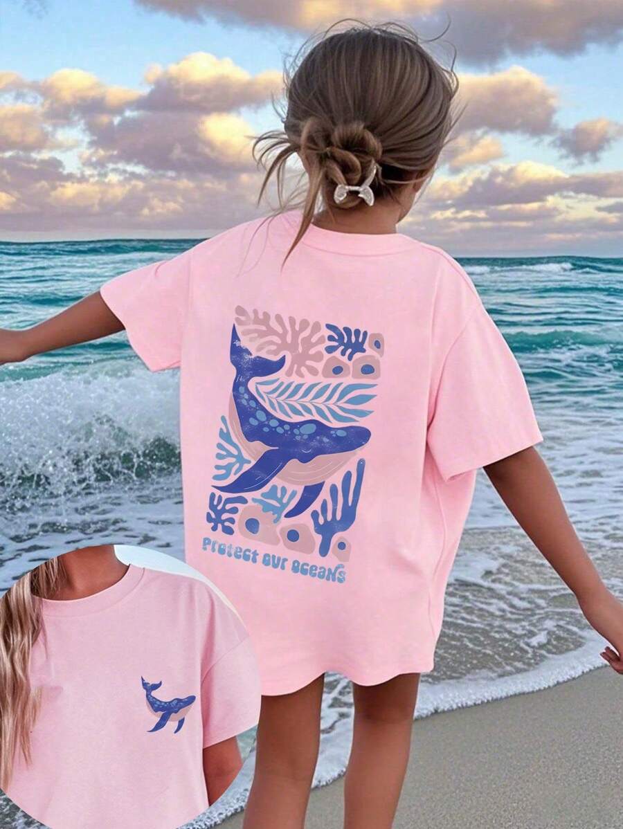 1pc Girls Printed Short Sleeve T-Shirt, Student & Young Casual Wear, Suitable For Beach Activities