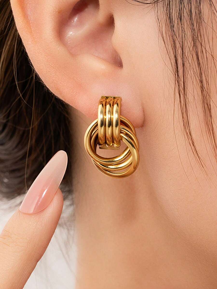 4pcs Fashion Gold & Silver Hoop Earrings For Women, Thick Stainless Steel Personalized Pendant Earrings, Lightweight & Hypoallergenic, Suitable For Daily Wear