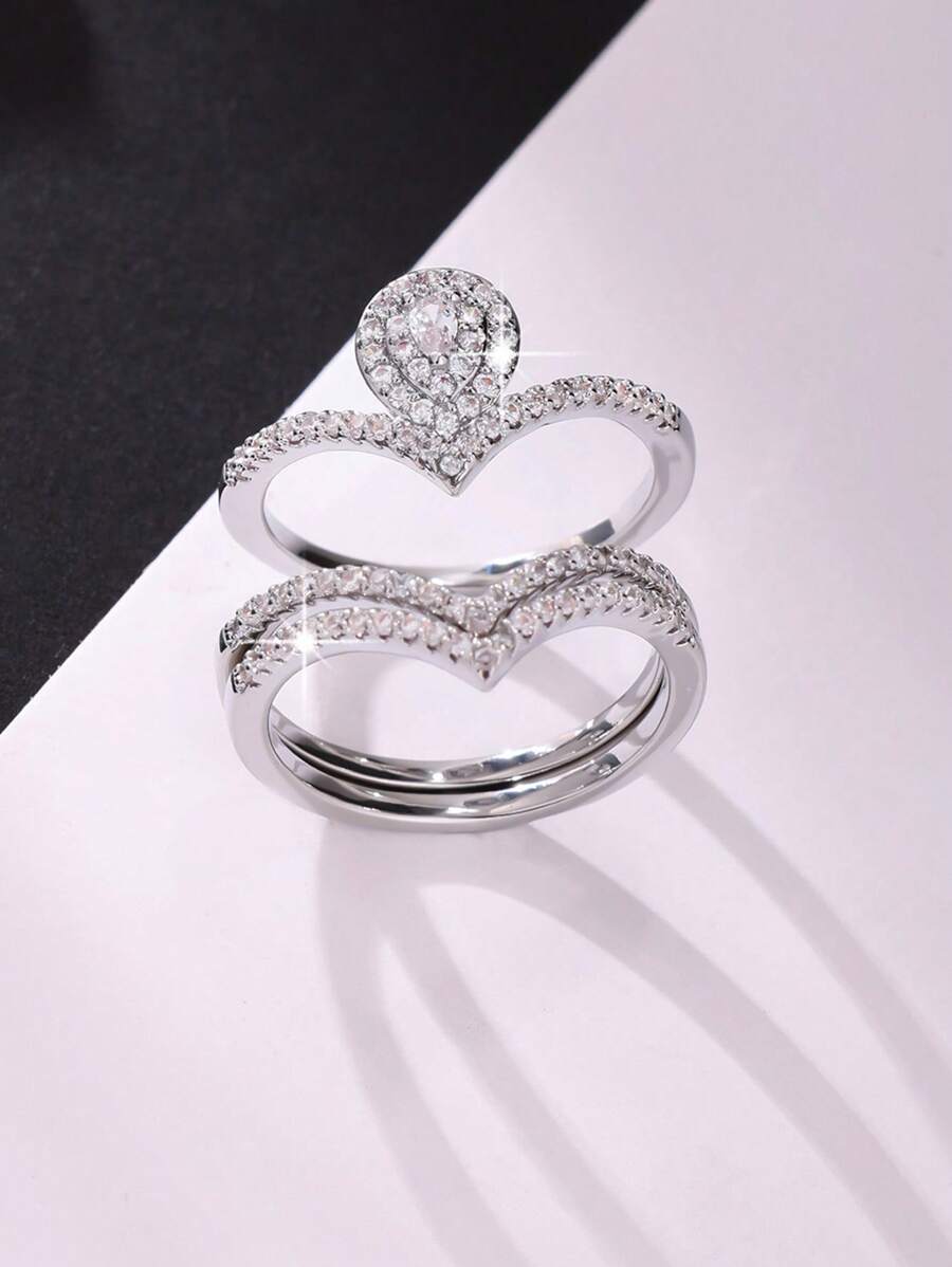 3 Stücke eleganter und innovativer V-förmiger Zirkonia-Einlage Buchstaben Design Ring Set, geeignet für Antrag, Verlobung, Hochzeit, Jahrestags-Geschenk, täglichen Lässig Tragen